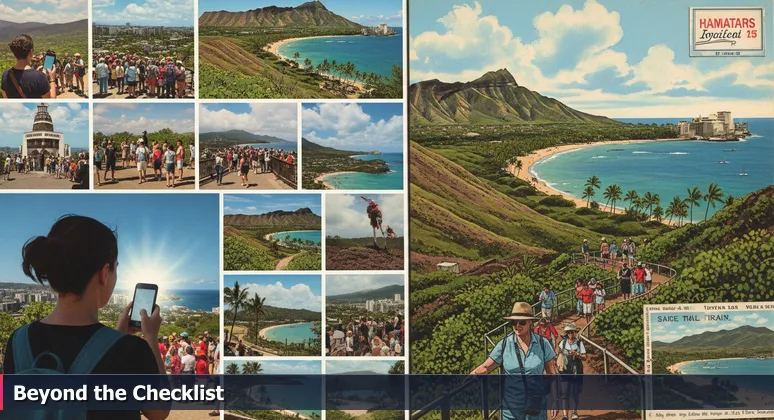 A tourist at Diamond Head lookout in Honolulu checking a top 10 list on a smartphone, with a hidden trail leading to a secluded beach in the background.