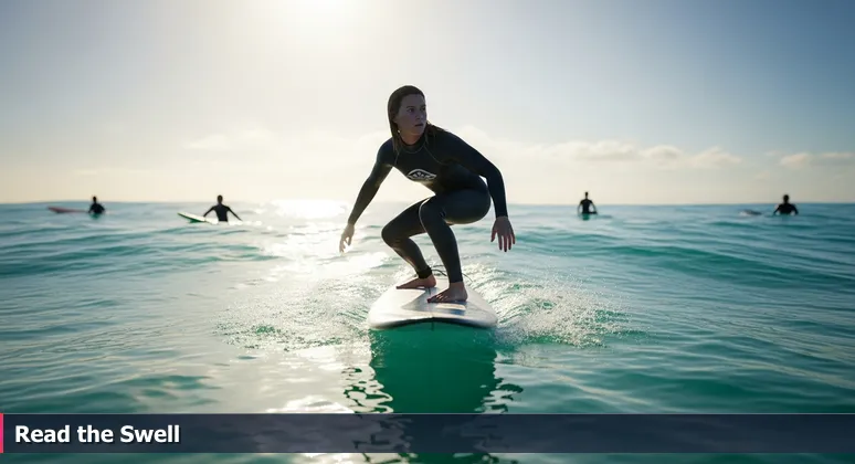 A focused surfer at Sunset Beach, Oahu, gazing at the horizon with anticipation, symbolizing the journey to becoming an AI engineer in Honolulu