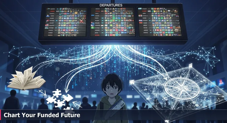 A person at Daniel K. Inouye International Airport's departure board, overwhelmed by flight options, symbolizing the search for tech training funding in Honolulu.