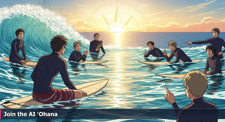 A surfer on a board at sunset with other surfers in a friendly lineup, symbolizing the collaborative spirit of Honolulu's AI networking community in 2026.