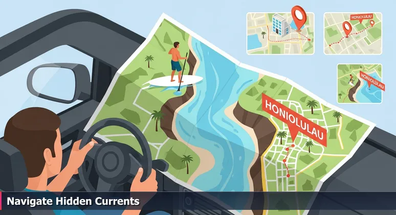 A tourist in a car holds a colorful map of Honolulu, with a local surfer paddling through an unmarked ocean channel in the background, symbolizing hidden career opportunities.