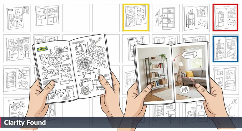 Hands holding an IKEA assembly diagram and a clear photo of finished furniture, symbolizing the shift from confusion to clarity in Honolulu tech careers.