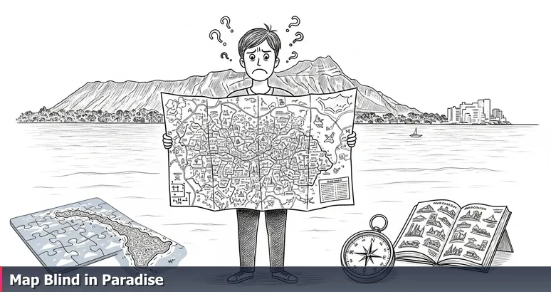 A frustrated tourist on a Honolulu beach holding a detailed map of Waikiki, looking confused at Diamond Head, representing the challenge of understanding cybersecurity job terrains.