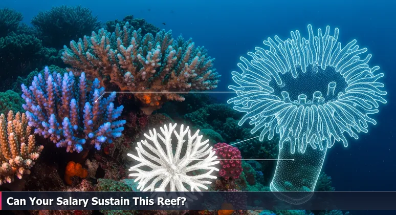 A close-up view of a healthy coral reef in turquoise water, with a stark white bleached coral section in the foreground, symbolizing the fragility of Honolulu's affordability for tech professionals.
