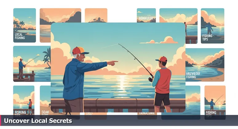 A weathered local fisherman on a Honolulu pier points to a hidden fishing spot for a newcomer, symbolizing insider access to free tech training.