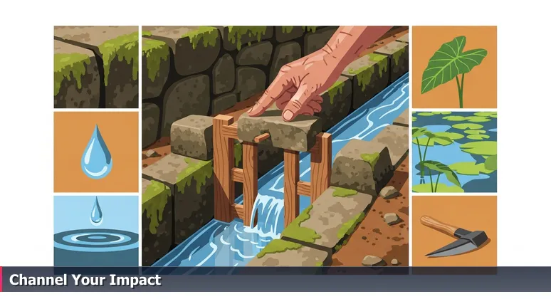 A weathered hand opens a small gate in an ancient Hawaiian stone irrigation channel, directing water to a lush, hidden taro patch under soft sunlight.