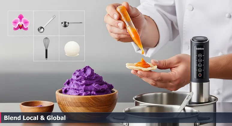 A chef innovating with Hawaiian ingredients in a test kitchen, symbolizing tech collaboration in Honolulu's coworking spaces.