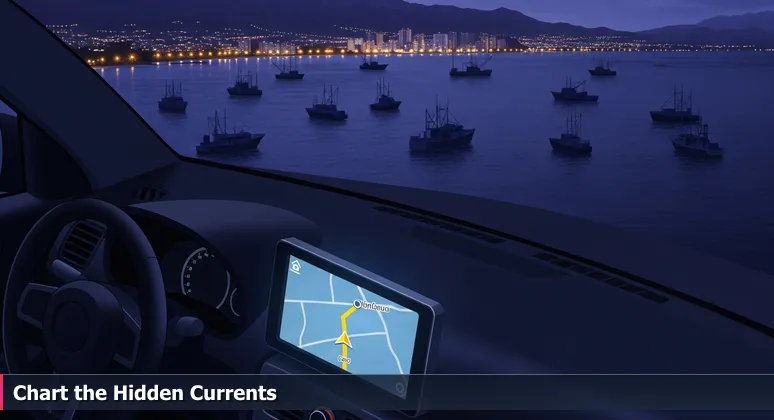 A GPS screen in a car displays a route, with Honolulu's coast lights and small boats visible outside, symbolizing alternative career paths in tech navigation.