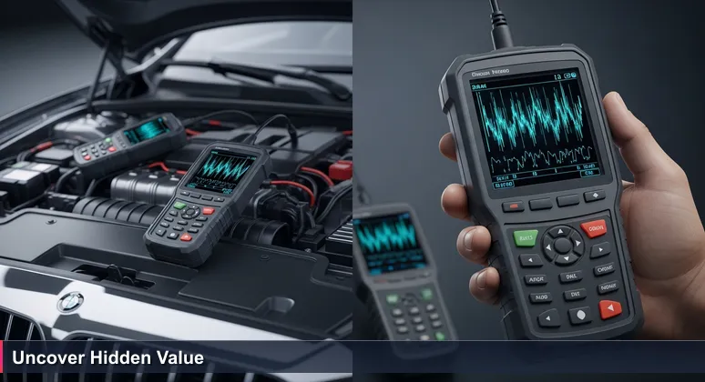 A mechanic's hand using a diagnostic scanner on a car engine, symbolizing the investigation into tech salaries and compensation in Toledo, Ohio.