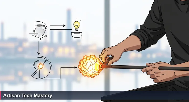 A close-up of a glassblower's hands shaping molten glass at the Toledo Museum of Art, with industrial factory lights reflected in the background, symbolizing Toledo's blend of craftsmanship and technology.