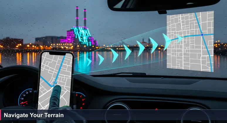 A smartphone GPS showing a generic map, with Toledo's industrial skyline including smokestacks in the background, symbolizing the need for local AI knowledge.