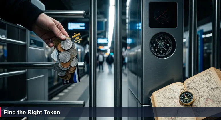 A hand holding coins and cards at a subway turnstile, with a modern train platform in the background, symbolizing access to tech training funding in Toledo.