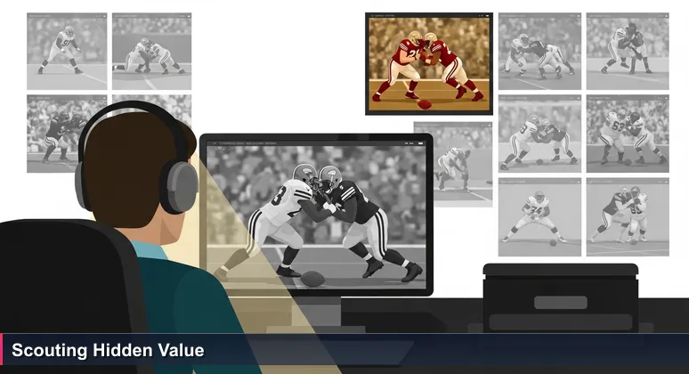 A scout in a dark office focused on a monitor showing paused football footage of a crucial block, symbolizing the discovery of undervalued AI startups in Toledo, OH.