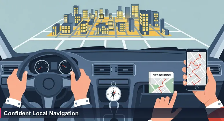 A driver's hands confidently navigating Toledo's downtown streets, with a passenger's phone showing a generic GPS route from Detroit, illustrating the value of local knowledge in AI careers.