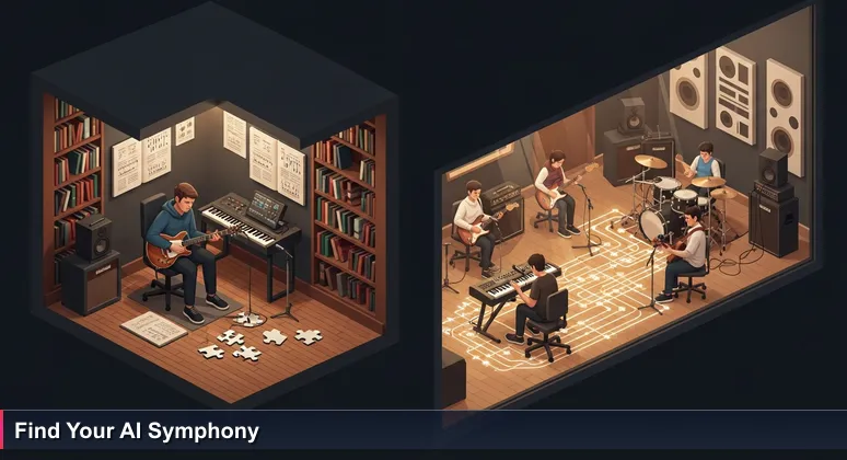 A solo musician practicing alone sees a band collaborating through a glass window, symbolizing the shift from isolated effort to community connection in AI networking.