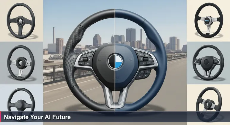 Hands on a steering wheel transitioning from a classic car to an electric SUV, with Toledo's industrial skyline blurred, symbolizing AI career choices in manufacturing and tech.