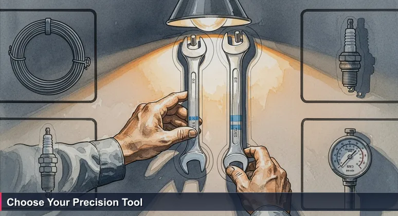 A close-up of a worker's hands hesitating between two socket wrenches on an assembly line at the Toledo Jeep Plant, symbolizing precise career choices in tech.