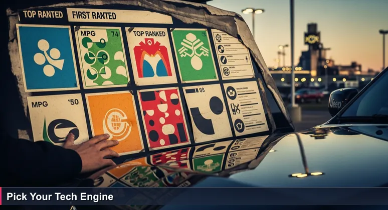 A hand hovers over car window stickers in a Toledo dealership at dusk, with Jeep assembly plant lights reflected on a car's hood, symbolizing tech career choices.