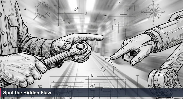 Close-up of a veteran worker's hands at the Toledo Jeep Plant, pointing to a hairline crack in robotic equipment, symbolizing vigilance in cybersecurity for local industries.