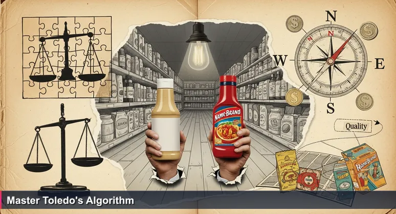 A shopper's hands in a grocery aisle comparing price tags on condiment bottles, symbolizing affordability decisions for tech careers in Toledo.