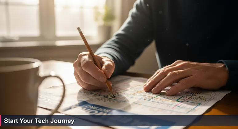 A close-up of a hand tracing a bus route on a worn Toledo Metro map on a kitchen table, with morning light illuminating a hopeful expression, symbolizing career planning.