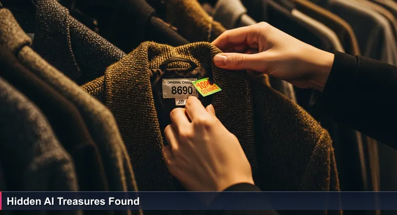 Close-up of hands discovering a vintage jacket with a hidden high-price tag on a thrift store rack, representing finding premium AI jobs in Toledo.