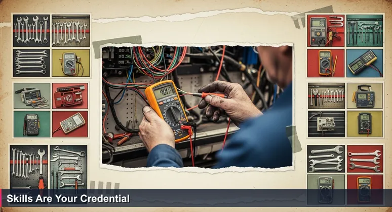 Close-up of greased hands using a multimeter on automotive wiring in a Toledo garage, symbolizing practical tech skills for degree-free careers in 2026.