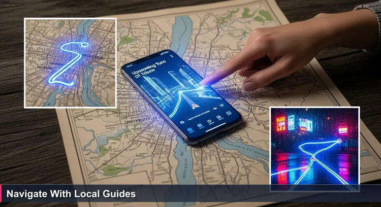A vintage map of Toledo with a smartphone GPS navigation overlay, showing a hand pointing to the University of Toledo, symbolizing tech career guidance.