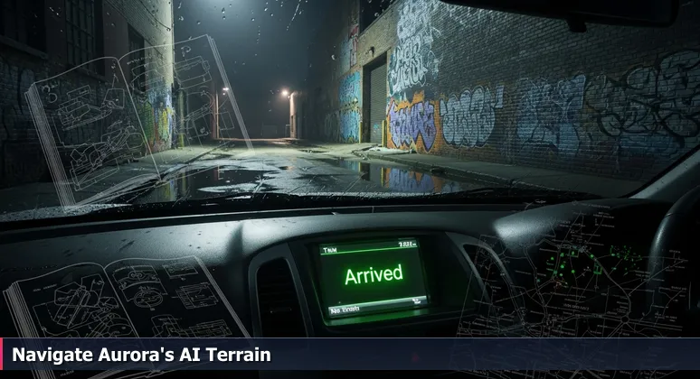 Car dashboard at night in Aurora, IL, with GPS screen showing arrival message and headlights illuminating a dead-end alley, symbolizing AI career navigation challenges
