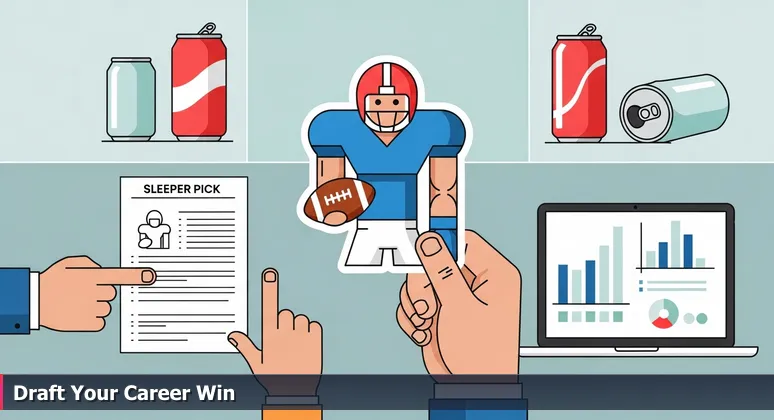 A fantasy sports draft board in a basement, with hands selecting player stickers and a laptop displaying salary calculations, symbolizing tech career strategy in Aurora, IL.