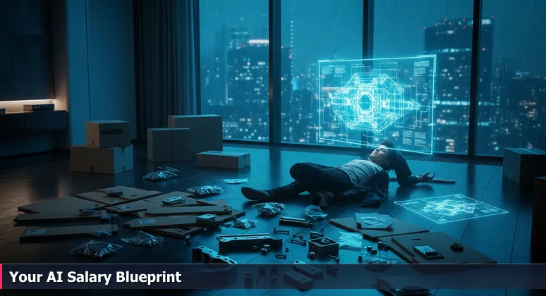 A frustrated person surrounded by unassembled furniture parts, symbolizing the challenge of navigating AI salary data without a blueprint in Aurora, IL.