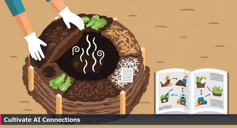 Hands turning a backyard compost pile with steam rising, symbolizing the transformative heat of AI networking events in Aurora, IL's community.