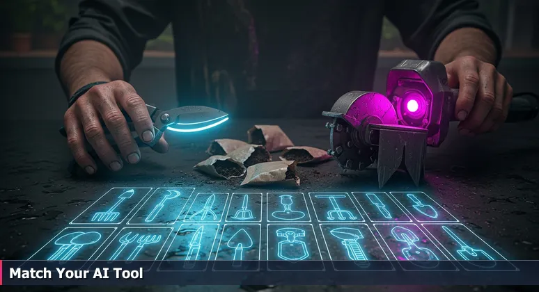 A gardener's hands holding bonsai shears and a stump grinder on a workbench with soil, representing the diversity of AI engineering roles in Aurora, IL.