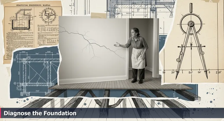 A homeowner in a historic Aurora bungalow points at a crack in the wall, with a hidden view of damaged foundation beams, symbolizing hidden cybersecurity job opportunities.