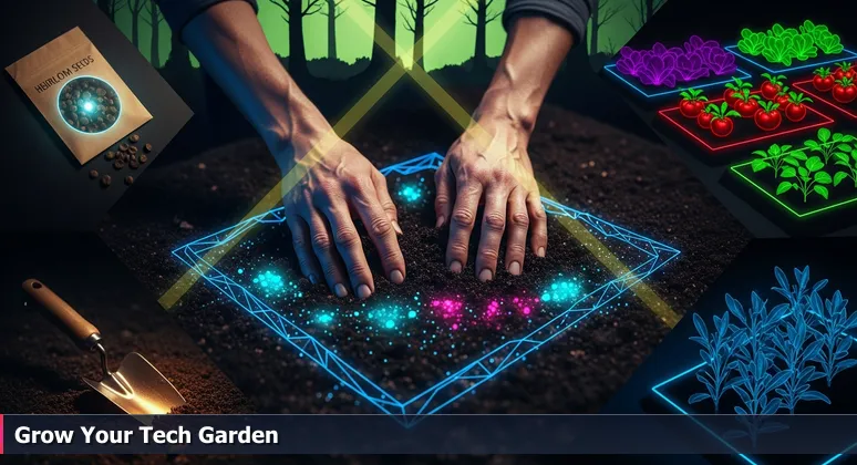 Weathered hands cultivating soil in a community garden behind an Aurora public library, with gardening tools and seed packets, symbolizing free tech skill growth.