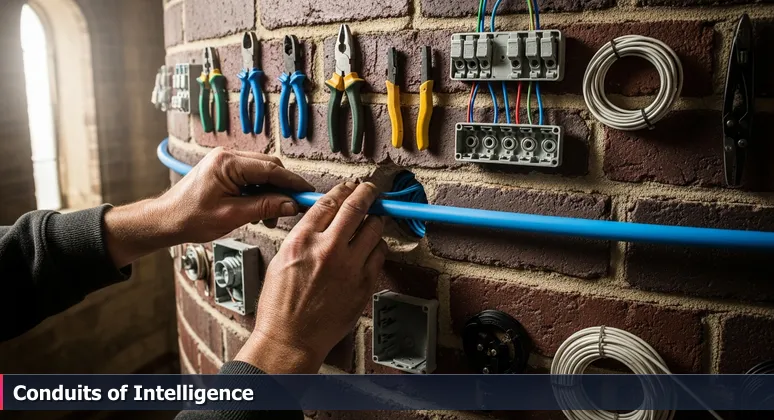 Close-up of weathered hands threading bright blue electrical conduit through the historic brick wall of Aurora's Leland Tower, symbolizing AI integration into local legacy industries.