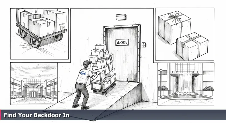 Illustration of a worker approaching a service entrance at a tech company in Aurora, IL, symbolizing skill-based career paths without a four-year degree.