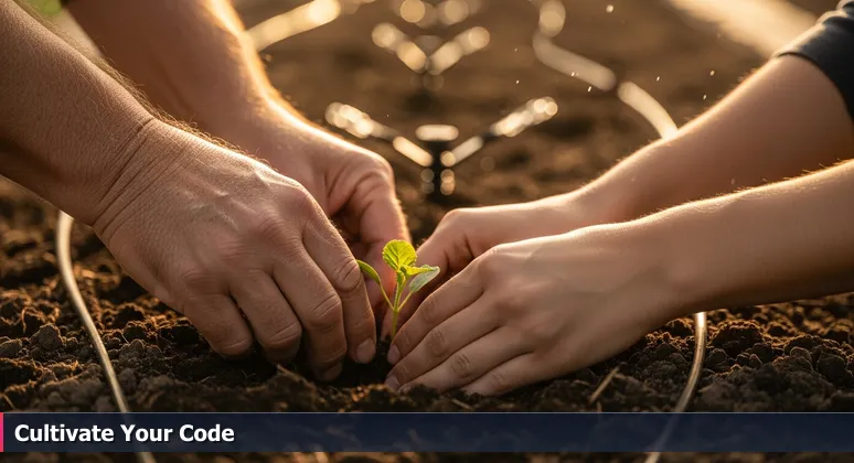 Experienced mentor's hands guiding a junior developer's hands to plant a seedling in soil, with automated garden technology in the background, symbolizing tech mentorship.