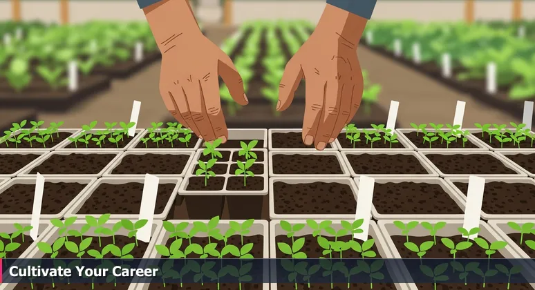 Hands tending seedling trays, symbolizing career cultivation for women in tech in Aurora, Illinois.