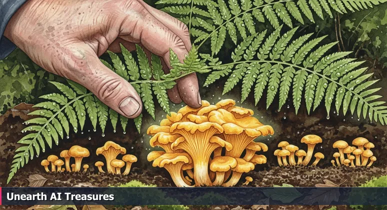 Close-up of a hand in a mossy Pacific Northwest forest revealing golden chanterelle mushrooms, symbolizing the discovery of AI startups in Bellingham.