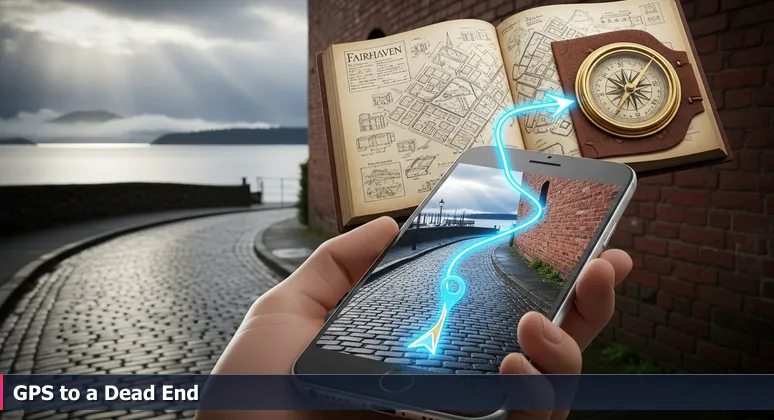 Smartphone GPS display with navigation line pointing to a brick wall on a cobblestone street in Bellingham's Fairhaven, with Bellingham Bay and islands in the cloudy background.