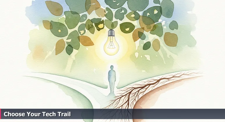 A hiker at a Pacific Northwest forest trail junction, choosing between a wide path to Seattle/Vancouver and a narrow trail to Bellingham, symbolizing tech career decisions.