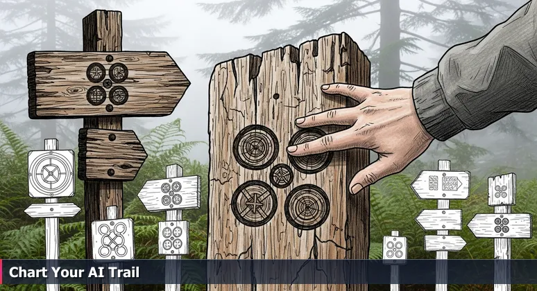 A hand traces difficulty ratings on a wooden trailhead sign in Bellingham's Chuckanut Mountains, with a foggy forest trail in the background.