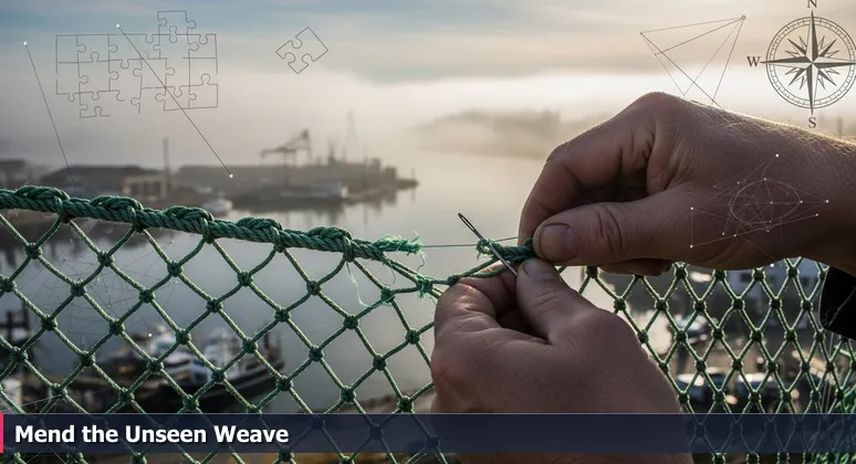 Close-up of a fisherman's weathered hands repairing a tear in a green fishing net at the Bellingham waterfront, symbolizing cybersecurity work in 2026
