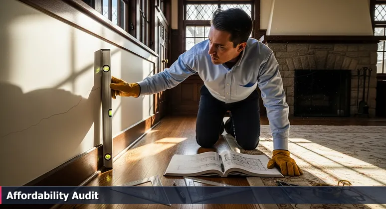 A couple and a realtor during a home walkthrough in Bellingham, pointing at a crack in the wall to symbolize hidden cost-of-living challenges.