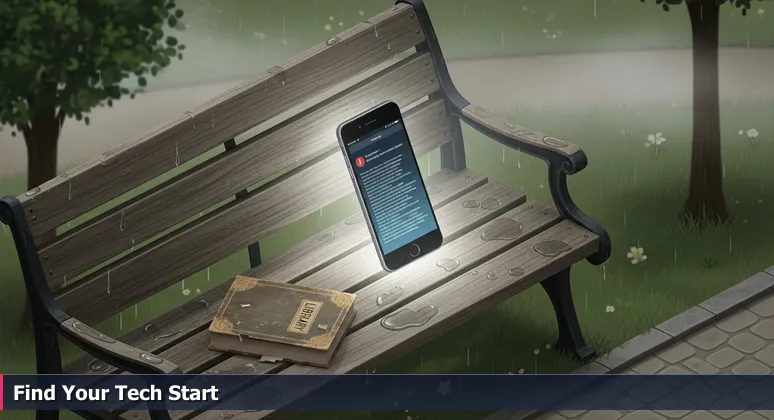 A weathered wooden bench at Fairhaven Village Green in Bellingham with a library book and smartphone displaying a tech error, symbolizing accessible free tech training opportunities.
