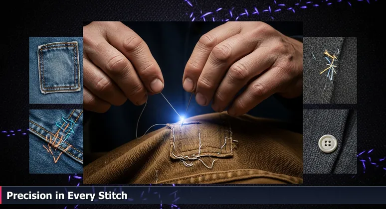 Close-up of hands mending a work jacket with needle and thread, symbolizing AI integration into Bellingham's core industries like healthcare and manufacturing.