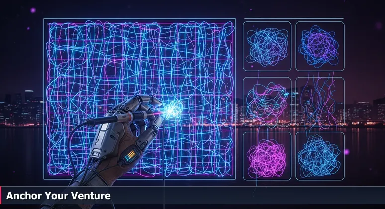 A weathered hand tying a knot in a fishing net on Bellingham Bay, symbolizing strong connections for tech ventures.
