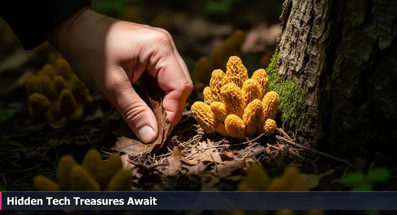 A forager's hand reveals morel mushrooms in a Bellingham forest, symbolizing hidden tech startup opportunities for junior developers.