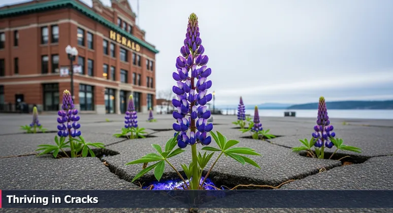 A close-up of a purple lupine thriving through a crack in a Bellingham sidewalk, with the Herald Building and Bellingham Bay in the background, symbolizing resilient tech networks.
